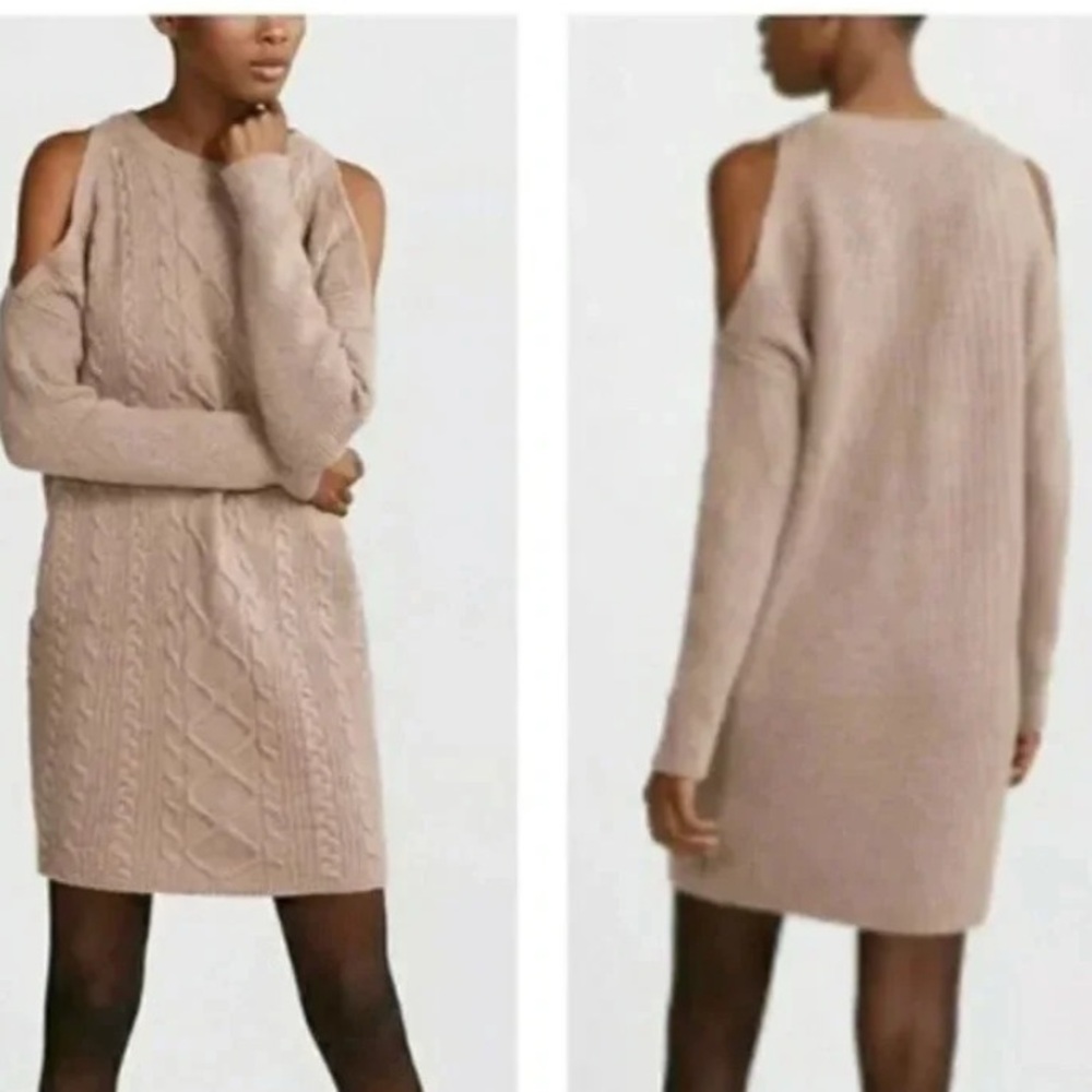 Express | Wool Blend Caramel Tan Ribbed Cold Shoulders Sweater Dress Size XS